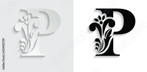 letter P. Black flower alphabet. Beautiful capital letters with shadow