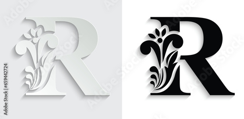 letter R. Black flower alphabet. Beautiful capital letters with shadow