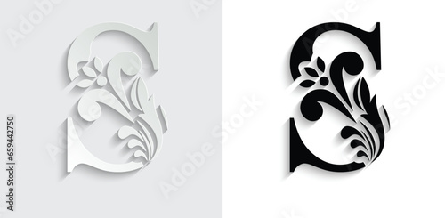 letter S. Black flower alphabet. Beautiful capital letters with shadow