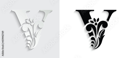 letter V. Black flower alphabet. Beautiful capital letters with shadow