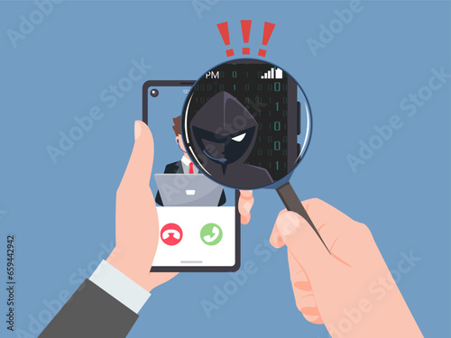 Hand businessman Holding smartphone and check call from unknown or stranger number. Scam, Prank, Fraud, and phishing on a mobile phone. Vector illustration flat design.