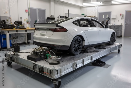 Electric vehicle with battery pack on platform in lab. Generative AI