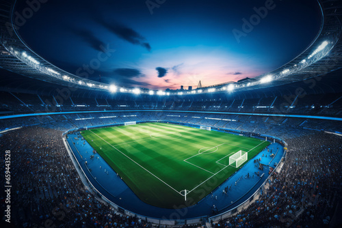A panoramic scene of the soccer stadium's turf, spotlights, and the spectator stands. Athletes in sports compete based on physical abilities and skills to pursue success. A concept related to sports