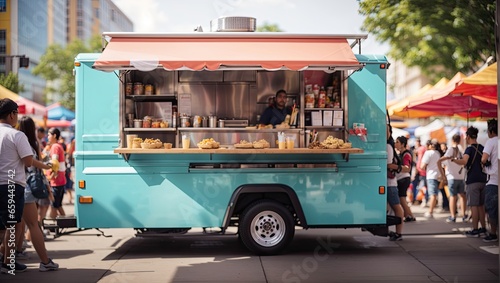 A trailer with street food, fast food with a lot of people around.