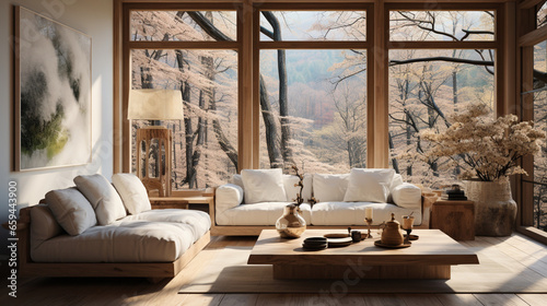 Interior Design, Minimalistic Living room with serene nature view, Beautiful villa design in the forest