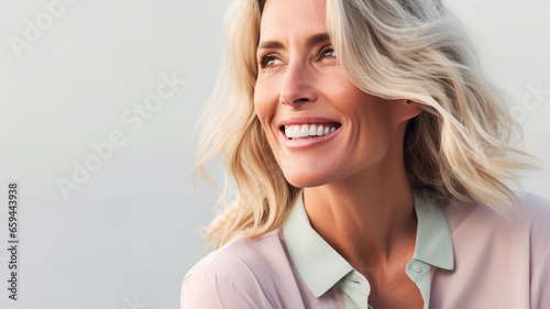 Beautiful mature woman with wavy long grey hair smiling. Active lifestyle positive mindset fashion concept photo