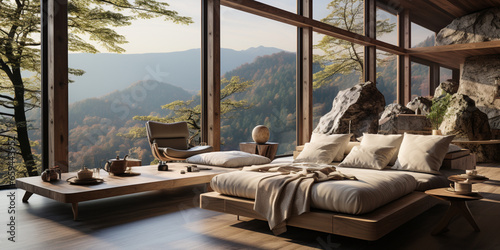 Interior Design, Minimalistic Living room with serene nature view, Beautiful villa design in the forest © AlexCaelus