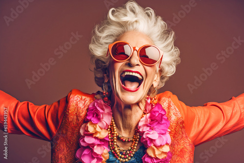 Beautiful senior woman with grey hair in colorful clothes laughing moving. Active lifestyle positive mindset fashion concept