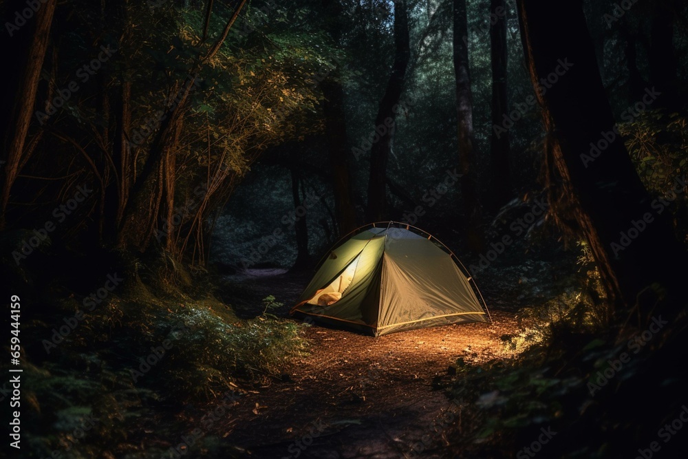 Night-time camping tent surrounded by trees. Generative AI