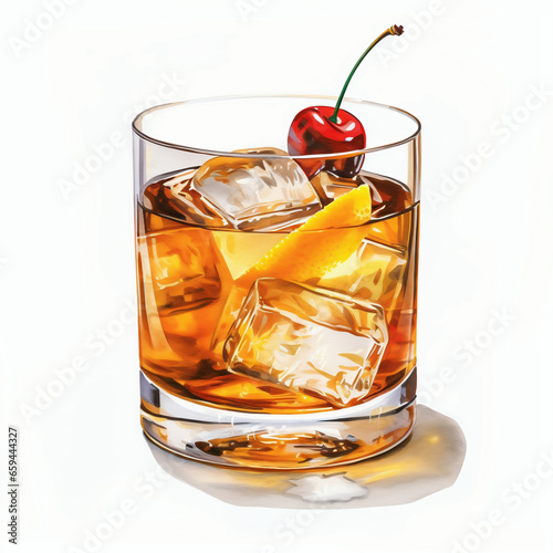 Whiskey with ice and cherry on a white background. 3d illustration