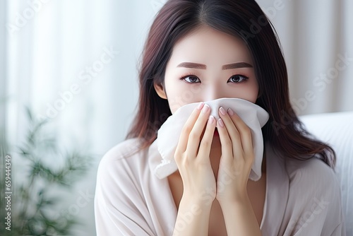 asian woman have a runny nose. isolated on white background. Diagnostic tools concept.