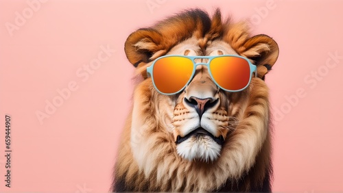 Lion in sunglass shade on a solid uniform background  editorial advertisement  commercial. Creative animal concept. With copy space for your advertisement