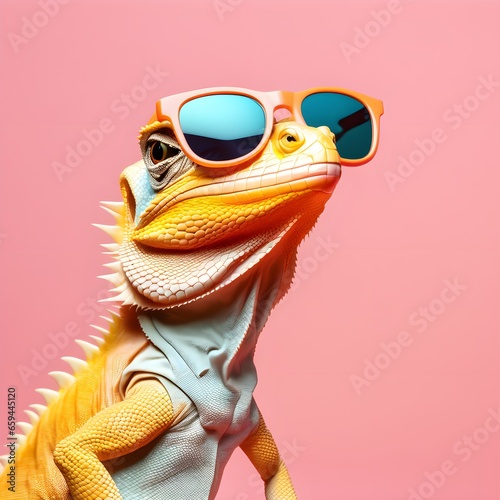 Lizard in sunglass shade on a solid uniform background, editorial advertisement, commercial. Creative animal concept. With copy space for your advertisement © 360VP