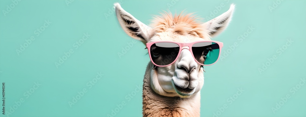 Llama in sunglass shade on a solid uniform background, editorial advertisement, commercial. Creative animal concept. With copy space for your advertisement