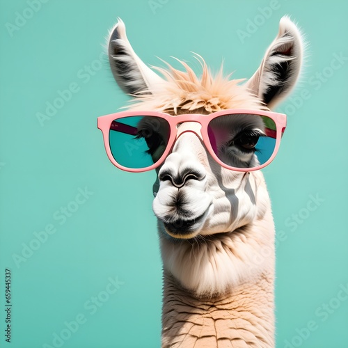 Llama in sunglass shade on a solid uniform background, editorial advertisement, commercial. Creative animal concept. With copy space for your advertisement