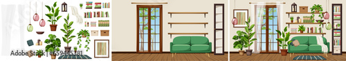 Living room interior design with French doors, a green sofa, bookshelves, a bookcase, and houseplants. Cozy room interior design. Home decoration before and after. Interior constructor. Cartoon vector