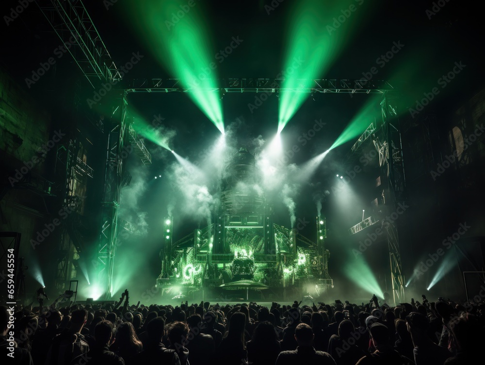 Obraz premium Amidst a sea of lights and pulsating beats, a euphoric crowd embraces the electrifying energy of the concert, lost in a wild world of music and entertainment