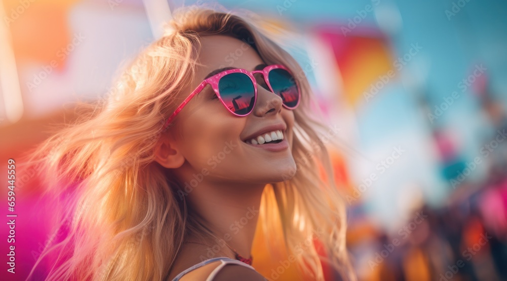 A cool, blonde woman with a captivating smile, wearing stylish sunglasses and outdoor clothing, exudes confidence and a sense of adventure with her trendy eyewear A cool, blonde woman with a captivating smile, wearing stylish sunglasses and outdoor clothing, exudes confidence and a sense of adventure with her trendy eyewear