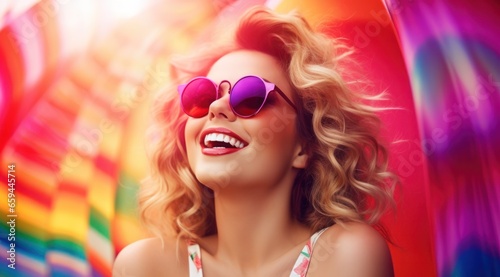 A vibrant woman exudes confidence and style as she smiles behind magenta sunglasses, her glossy lips matching the bold color of her goggles, all while enjoying the outdoors in her fashionable attire