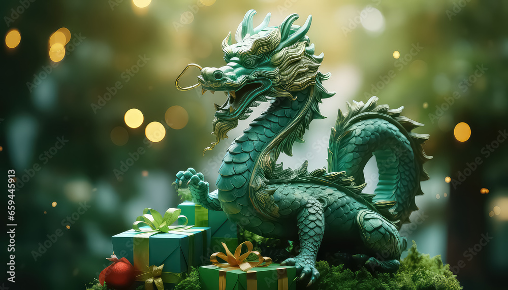 Green Chinese dragon sitting on gift, new year concept