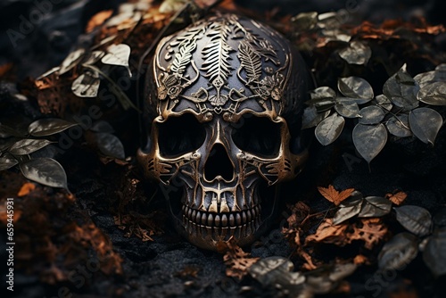 Intricate skull on metallic surface surrounded by soil on a dark backdrop. Generative AI