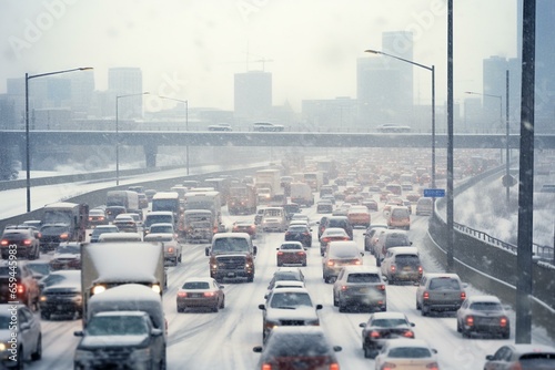 Winter traffic congestion during a snowstorm on a highway. Generative AI