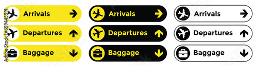Departures, arrivals, baggage airport sign set. For using to identify direction of various locations and purposes around an airport. Vector on isolated white background. EPS 10