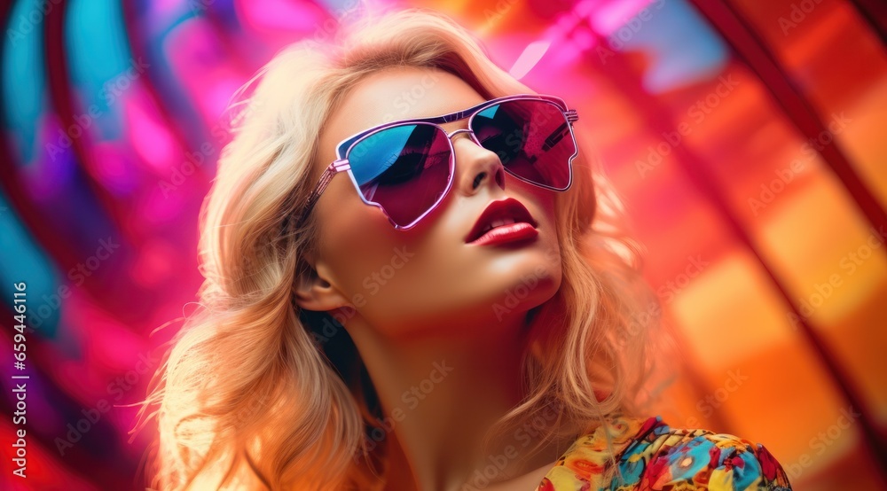 A cool and confident woman wearing magenta sunglasses and glossy lipstick, exuding effortless style and accessorizing with spectacles and goggles