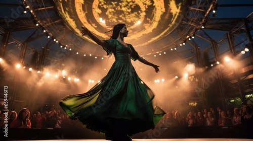 A graceful dancer captivates the audience in a vibrant green dress, her fluid movements embodying the wild spirit of the sport and showcasing her vibrant personality