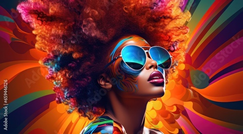 A vibrant woman donning colorful goggles and sunglasses exudes a playful and artistic energy, drawing in the viewer with her bold and confident style