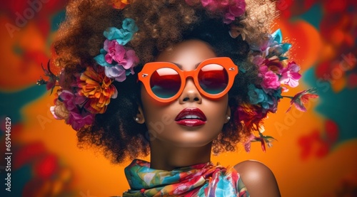 In a vibrant outdoor portrait, a girl adorned with flowers in her hair gazes confidently through goggles and sunglasses, her presence an artful fusion of fluidity and wildness