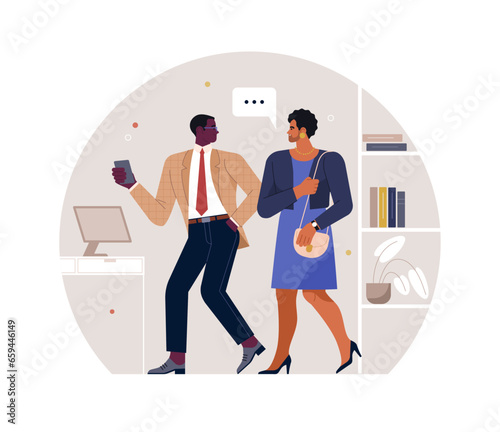 LGBTQ person at work. Vector cartoon illustration of two men, one dressed in a business suit and the other in women's business attire, talking and walking through an office. Isolated on background 