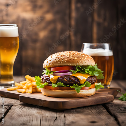 Hamburger and beer on a wooden plate and brown isolated background