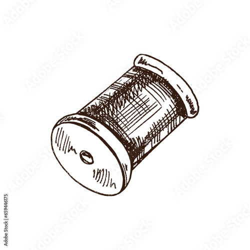 Hand-drawn sketch of skein of thread. Handmade, sewing equipment concept in vintage doodle style. Engraving style.