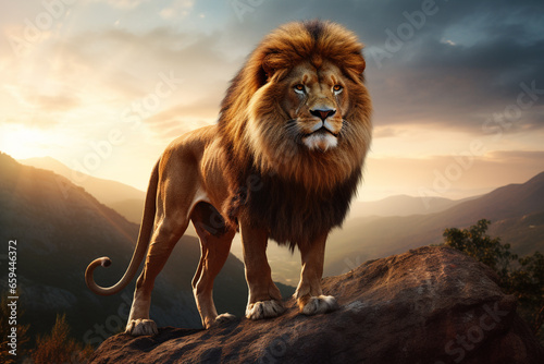 Male lion animal standing on the rock with mountains and sun light background.