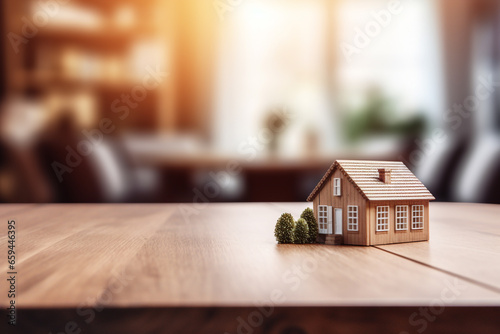 Top of surface wooden table with model house and blurred modern living room background.