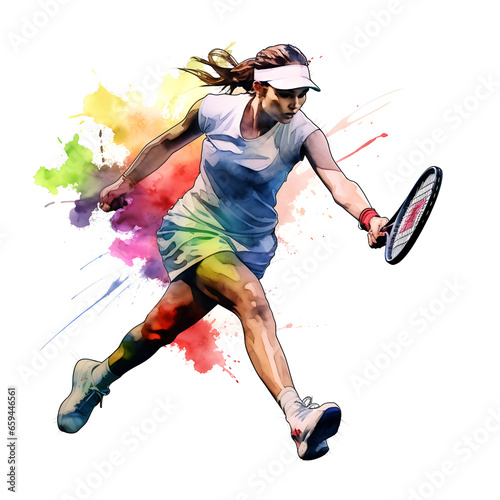 tennis player with racket in action, watercolor
