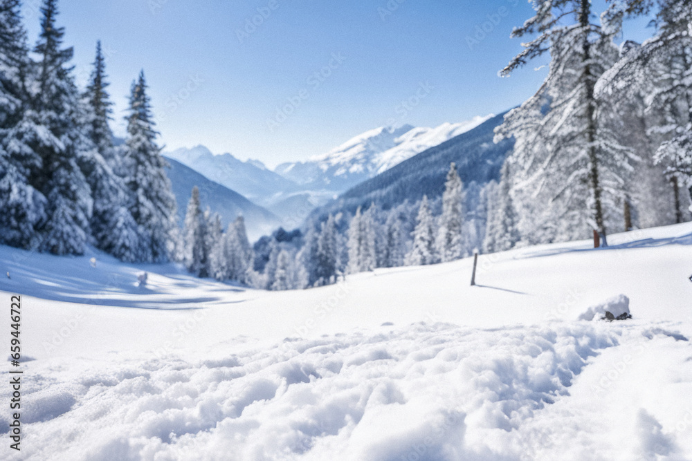 A serene winter landscape with snowy mountains and pine trees. Snow covered mountains, winter scene.