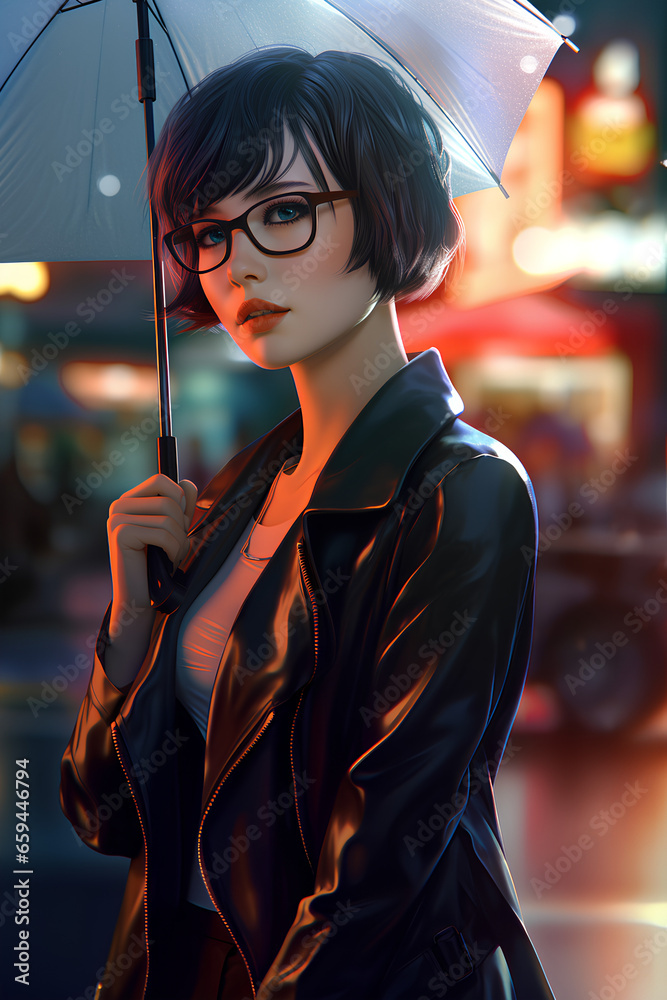 3d illustration of a beautiful woman wearing glasses and holding an umbrella