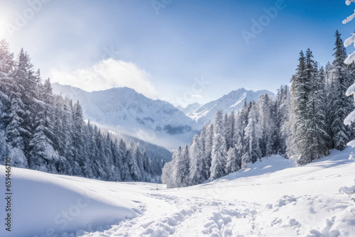 A serene winter landscape with snowy mountains and pine trees. Snow covered mountains, winter scene.