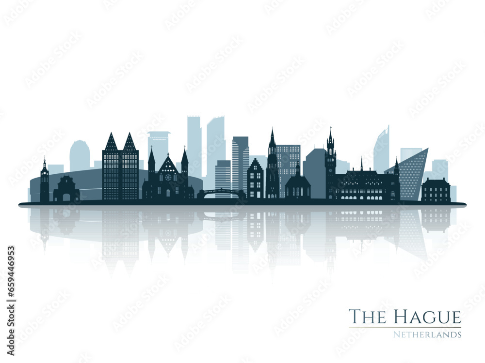 The Hague skyline silhouette with reflection. Landscape The Hague, Netherlands. Vector illustration.