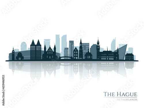 The Hague skyline silhouette with reflection. Landscape The Hague  Netherlands. Vector illustration.