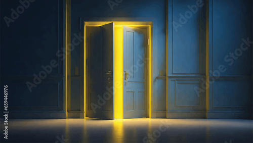 Yellow light inside the open door isolated on blue background