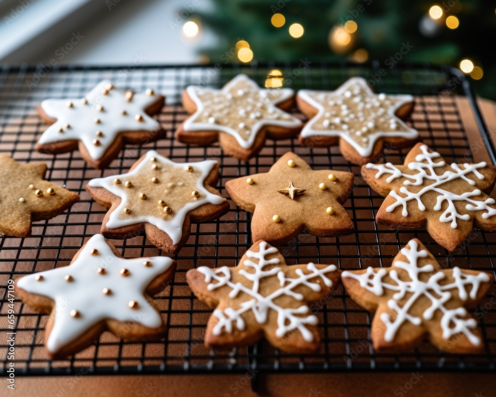Christmas cookies lined up on wire rack Christmas cookies lined up on wire rack