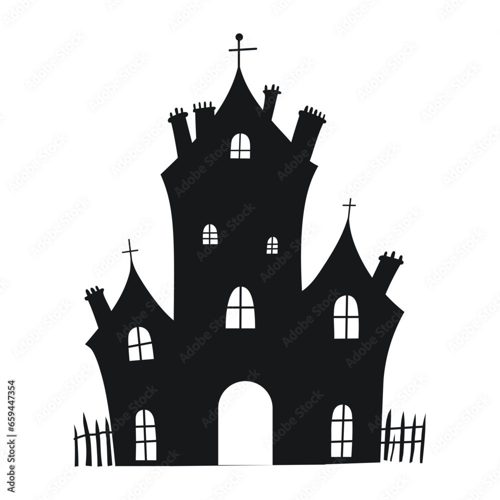 Cute halloween house. Spooky horror design decoration for Halloween party. Spooky background for October party and invitations. Flat vector stock illustration