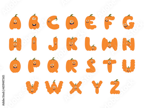 Cute Halloween alphabet letter pumpkin characters. Funny kids decorative lettering. for t-shirt, nursery decoration, baby shower, greeting card, invitation, scrapbooking. Vector stock illustration
