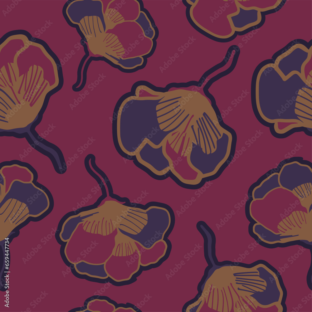 Seamless pattern flowers tropical plants with maroon background. Floral seamless vector tropical pattern Background. Design for fabric, print, cover, banner Seamless pattern flowers tropical plants with maroon background. Floral seamless vector tropical pattern Background. Design for fabric, print, cover, banner
