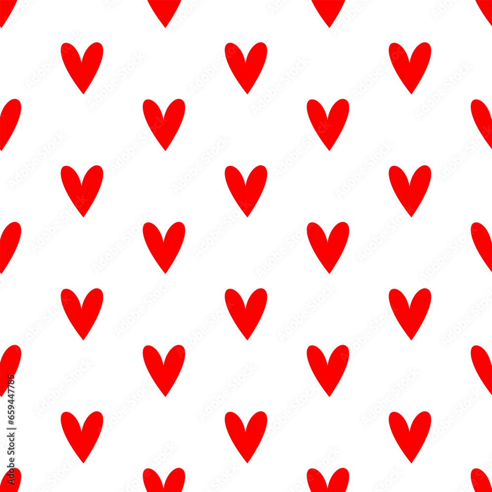 Seamless pattern of simple red hearts isolated on white for wrapping paper or fabric. Valentine's day holiday backdrop texture, romantic wedding design. Vector illustration.