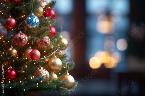 Christmas Tree With Baubles And Blurred Shiny Lights