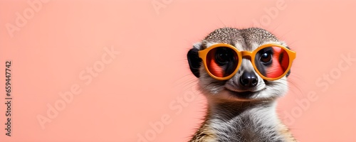 Meerkat in sunglass shade on a solid uniform background, editorial advertisement, commercial. Creative animal concept. With copy space for your advertisement © 360VP